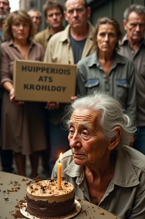 Heres the revised prompt in English:


An elderly american homeless woman stands in the middle of an alley, looking sad and downcast. In front of her is an old small, simple birthday  cake with a single lit candle, casting a warm glow on his face. This cak...