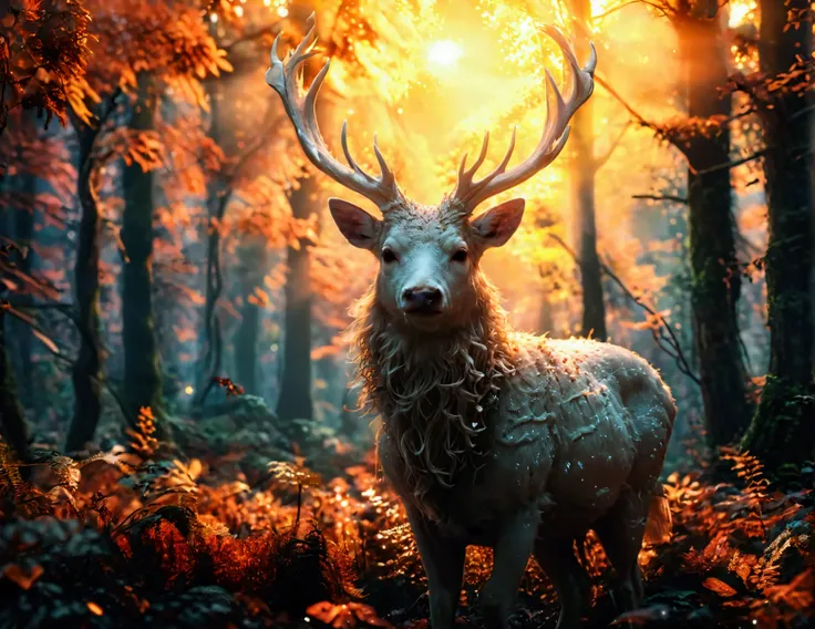 a majestic albino stag deer,surrounded by a glowing light,intricate details,a beautiful lush forest,photorealistic,8k,highly detailed,cinematic lighting,dramatic shadows,vivid colors,natural scenery,wildlife photography,enchanting atmosphere