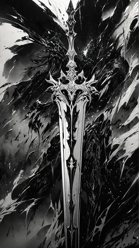 Top quality, masterpiece, high resolution, 8k, ink painting, monochrome,  dark fantasy , Female Knight, Great Sword of Darkness,Ice of Darkness ,Dark armor