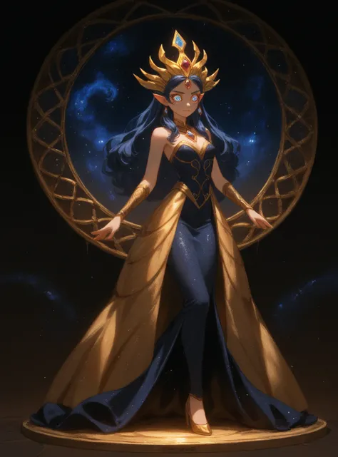 Wlop, illustration of the most beautiful woman on earth, semi-realistic anime style, dark blue hair, nice body, tight revealing dress, detailed, gold, evil, cosmic enchantress, hypnotic detailed eyes, ultra detailed, top to bottom, full body.