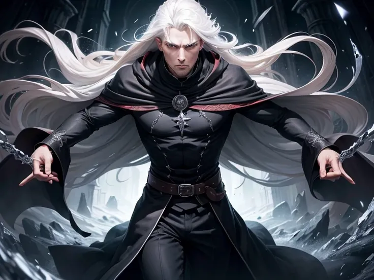  mago, imposing,  masterpiece ,  best quality,  High resolution ,   highly detailed , 1 man,  platinum hair  ( light hair), red eyes ( Brilliant eyes darkly ), cold expression ( cold look ),  wearing a black cloak with flowing cover , and black pants,  sur...