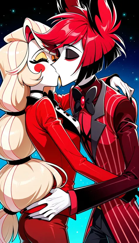 1boy, alastor, hazbin hotel, red suit, closed eyes,pale Brown skin,animal ears,red hair, short , multicolored hair, couplekiss, 1girl Charlie morningstar, red tuxedo,blonde long hair, white skin,red pants, closed eyes, hazbin hotel style,