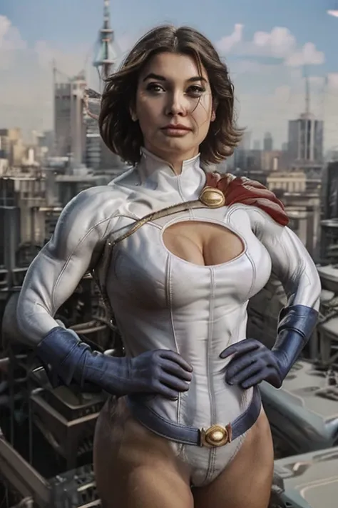 powergirl , personagem da DC Comics , Extremely short costume ,  facing the spectator ,  looking down  ,  looking at the spectator  , standing ,  upper half of the body  ,  in a large empty room with white walls 