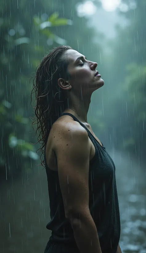 A person standing in a storm, rain pouring down and wind blowing fiercely. Despite the chaotic weather, the person remains calm and composed, wet hair and cloths, eyes closed, with a serene expression on their face. This contrast between the inner tranquil...