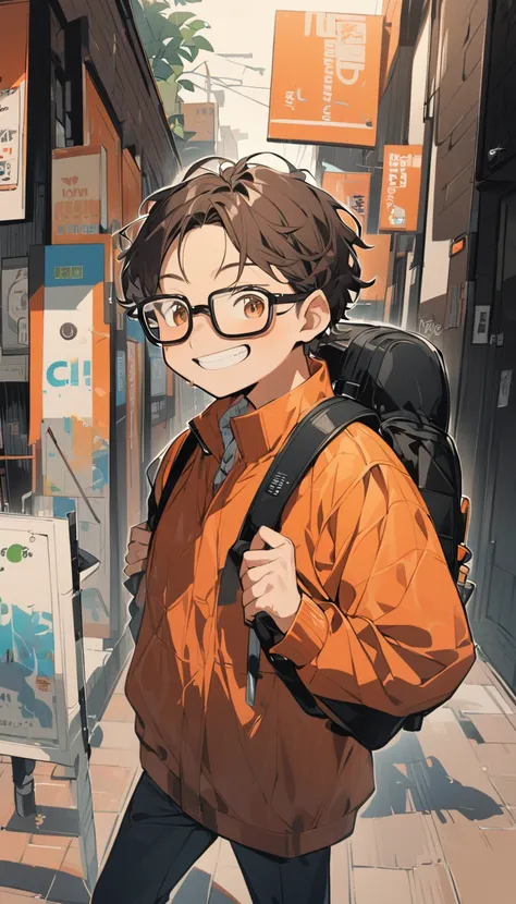 one person, ((whole body)), ((stand)), Backpacker man , Orange sportswear, black jacket, black backpack ,  Black box frame glasses,  dark brown hair ,  short hair,  I can see your forehead , (( Front hair raised )),  simple , poles,  Refreshing smile ,  Ki...