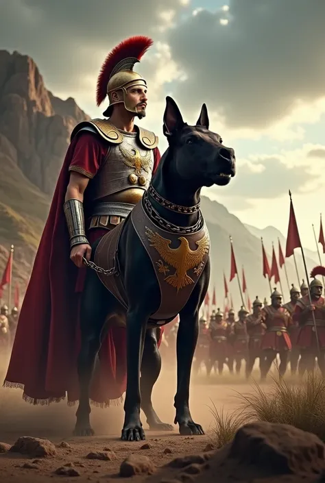  A majestic scene of the Roman Empire in cinematic perspective ,  centered on an imposing combination of war :  a Roman legionary and his moloso dog of the Cane Corso breed in the foreground . The warrior,  dressed in full legionary armor , He holds firmly...