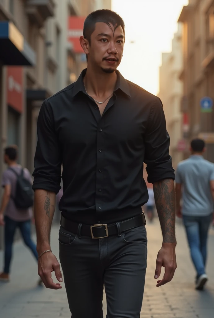 extremely detailed, 30 years old, black straight undercut hair,wearing black  shirt, black jeans,, thin chest,, full pose,, perimeter 2,, realistic,, walking at city streets, evening walk, white shoes