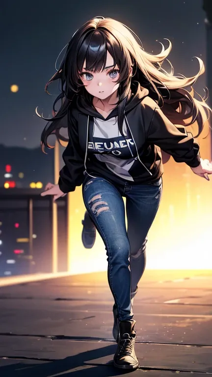 a cool anime teenage girl in black hoodie, cool jeans, fashionable, long wavy hair, beautiful detailed face, adorable girl, full body looks, perfect body ratio, front view, look at the camera, perfect background, (best quality,4k,8k,highres,masterpiece:1.2...