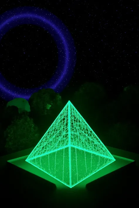 a wireframe luminous green pyramid, the universe and stars as background 