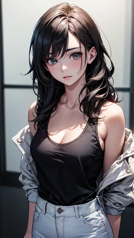 a cool anime 18 years old girl in black tank top, white jacket, White pants, cool jeans, fashionable, long wavy hair, beautiful detailed face, adorable girl, full body looks, perfect body ratio, front view, look at the camera, perfect background, (best qua...