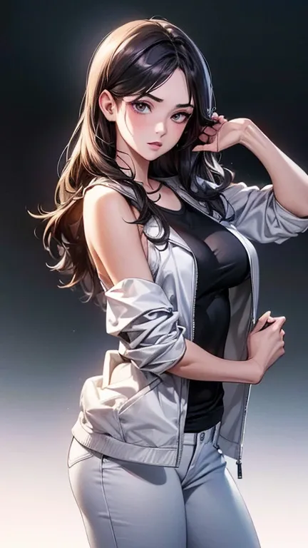 a cool anime 18 years old girl in black tank top, white jacket, White pants, cool jeans, fashionable, long wavy hair, beautiful detailed face, adorable girl, full body looks, perfect body ratio, front view, look at the camera, perfect background, (best qua...