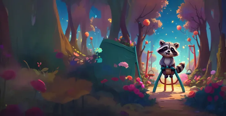 cartoon raccoon sitting on a chair in a forest with flowers, background art, painted as a game concept art, background artwork, stylized concept art, stylized game art, mobile game art, game illustration, 2 d game art background, game background, in a cand...