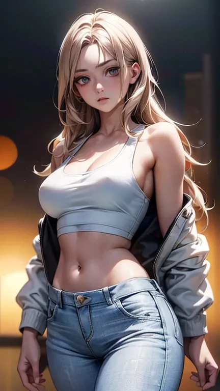 a cool anime 18 years old girl in black tank top, white jacket, White hot pants, cool jeans, fashionable, long wavy hair, beautiful detailed face, adorable girl, full body looks, perfect body ratio, front view, look at the camera, perfect background, (best...