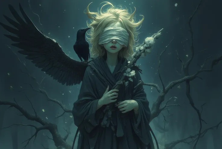 ((masterpiece)) ((photography)) ((Highest quality)) A fallen angel in a lucid dream, blindfolded with old cotton rags, with wild blonde hair, weary and inconsolable. She wears an old cartoon-style robe draped over her shoulders, head tilted downward, her s...