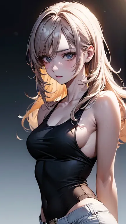 a cool anime 18 years old girl in black tank top, white jacket, White hot pants, fashionable, long wavy hair, beautiful detailed face, adorable girl, full body looks, perfect body ratio, front view, look at the camera, perfect background, (best quality,4k,...