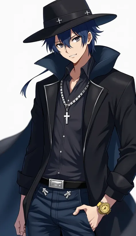 And for me, the anime character with dark gray eyes, dark blue hair, he wears a hat and a black leather overcoat, a gold watch and a silver cord around his neck with a cross, he wears jeans and a leather boot with silver details, hes on average 32 years ol...