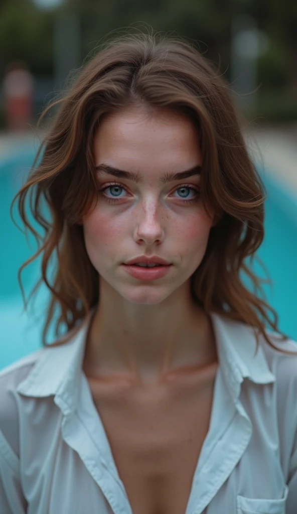  Realistic portrait of a young Fuligule à tête rouge:  The young freckle teacher ,  Brown-haired , Are you relaxing by the pool,  wearing a slightly torn white shirt . The atmosphere is of slate ,  photo,  with soft gray colors .  The setting is bleak ,  w...