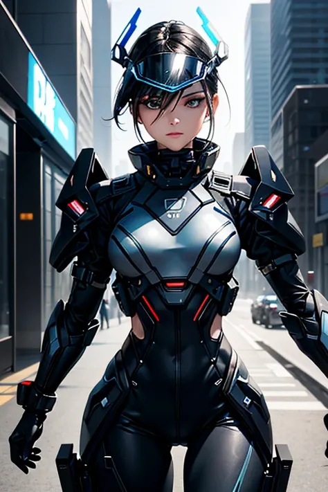 A powerful and commanding female officer from a futuristic military or police organization. She is wearing a sleek, advanced combat suit with elements of a uniform, incorporating metallic accents and glowing blue highlights. Her appearance is authoritative...