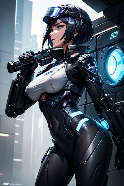 A powerful and commanding female officer from a futuristic military or police organization. She is wearing a sleek, advanced combat suit with elements of a uniform, incorporating metallic accents and glowing blue highlights. Her appearance is authoritative...