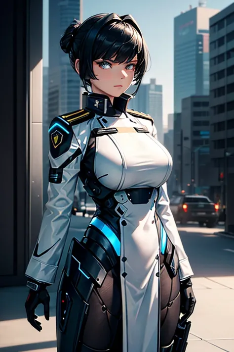 A powerful and commanding female officer from a futuristic military or police organization. She is wearing a sleek, advanced combat suit with elements of a uniform, incorporating metallic accents and glowing blue highlights. Her appearance is authoritative...