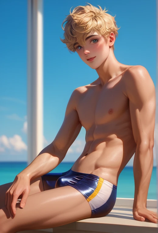 score_9, score_8_up, score_7_up,, (((A hyper realistic ultra detailed photo of 1 young slim handsome man))),  fancy hair ,  golden blonde  hair, ultrarealistic, cute,  skinny toned body, perfect eyes , looking at viewer, amusement of desire and arousal, ((...