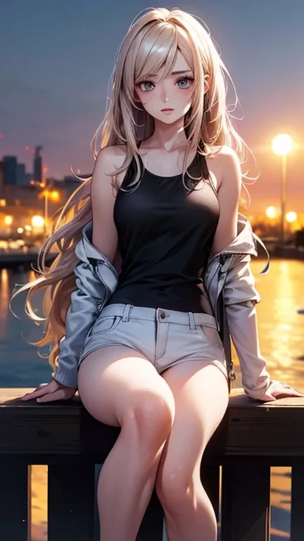 a cool anime 18 years old girl in black tank top, white jacket, White hot pants, fashionable, long wavy hair, beautiful detailed face, adorable girl, full body looks, perfect body ratio, front view, look at the camera, perfect background, (best quality,4k,...