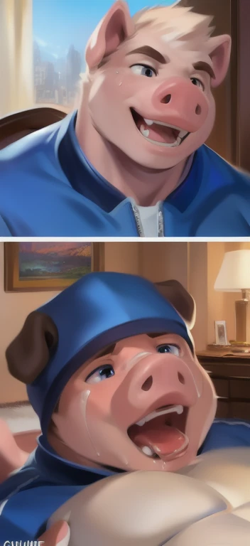 Living with dress baby pig Crying​ ,male Tall,huge body,​Chair Ride , bedroom,pig ,blue Tracksuit soldier , overweight,Catch the body of a baby pig, muscular, Opening his mouth and drooling., by chunie