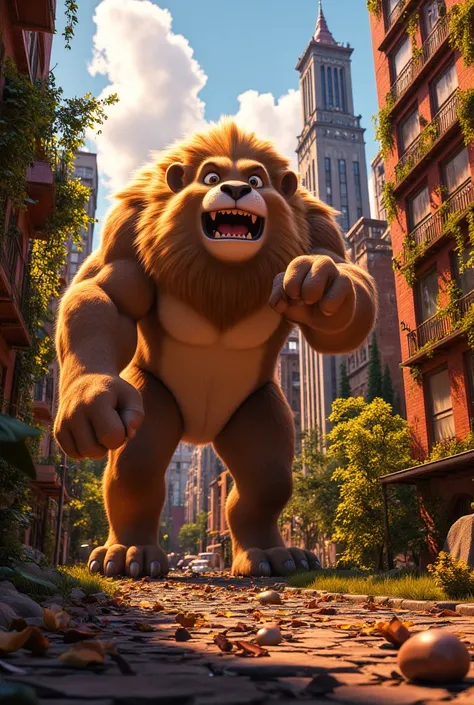   The Lion Monster stands in the background of an abandoned city  、Ill make it in Pixar style    。   monsters are bigger than cars  。