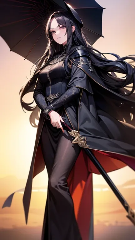 a cool anime 18 years old girl in black cloak, modern cloak, long wavy hair, beautiful detailed face, adorable girl, full body looks, perfect body ratio, front view, look at the camera, perfect background, (best quality,4k,8k,highres,masterpiece:1.2),ultra...