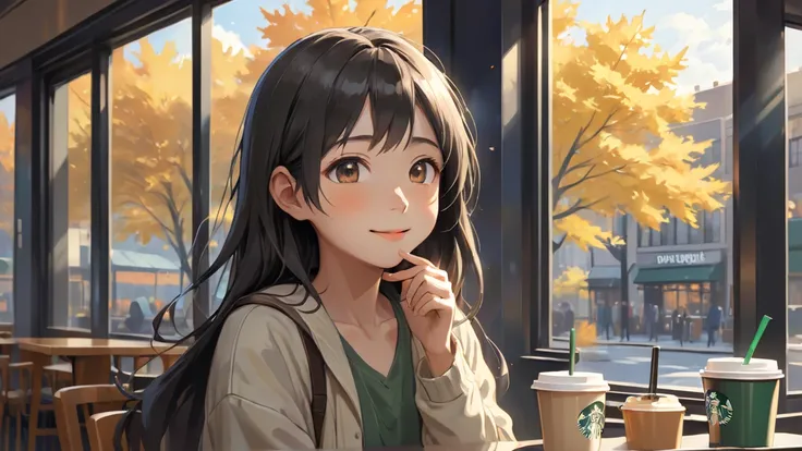  completely use the depiction of Makoto Shinkai,Summer Mackintosh portrait,Extremely beautiful,Age 35,8k 4k masterpiece photo,A row of autumn ginkgo trees from the window , is at Starbucks Coffee,new york, outside is a refreshing morning ,Jazz coffee shop ...