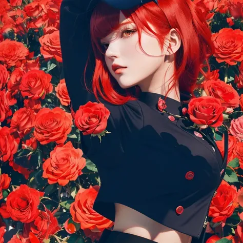 girl with red hair and black jacket standing in front of roses, female protagonist 👀 :8, rumble roses, dark blue and red, akane owari danganronpa, seductive  girl, beautiful alluring woman, she has red hair, anime style illustration, style 4 k, retro girl,...