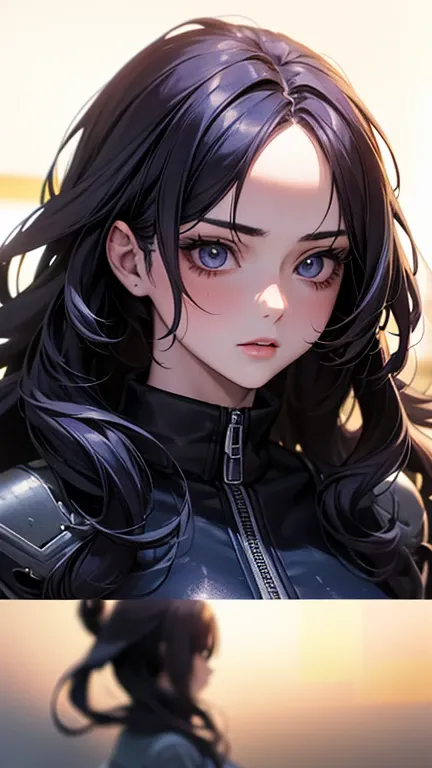 a cool anime 18 years old girl in cyberpunk outfit, long wavy hair, beautiful detailed face, adorable girl, 3:4 body looks, perfect body ratio, front view, look at the camera, perfect background, (best quality,4k,8k,highres,masterpiece:1.2),ultra-detailed,...