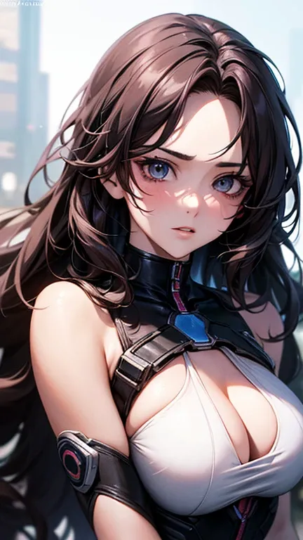 a cool anime 18 years old girl in cyberpunk outfit, long wavy hair, beautiful detailed face, adorable girl, 3:4 body looks, perfect body ratio, front view, look at the camera, perfect background, (best quality,4k,8k,highres,masterpiece:1.2),ultra-detailed,...