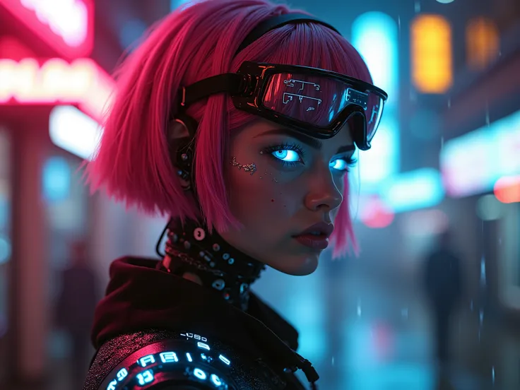 "A dystopian, high-contrast, cinematic photograph set in a neon-drenched, rain-soaked futuristic cityscape with a retro 80s aesthetic. The blurred background radiates vibrant, electric red and blue neon lights, blending futuristic and vintage vibes. The sc...