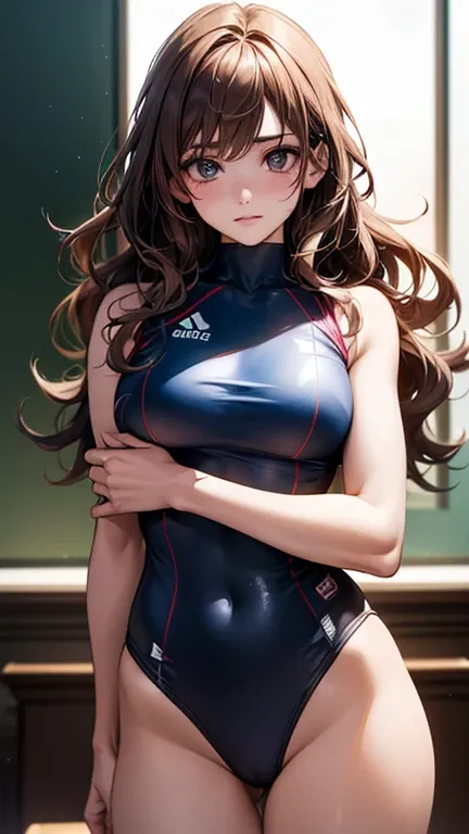 a cool anime 18 years old girl in swimming olympic outfit, long wavy hair, beautiful detailed face, adorable girl, 3:4 body looks, perfect body ratio, front view, look at the camera, perfect background, (best quality,4k,8k,highres,masterpiece:1.2),ultra-de...