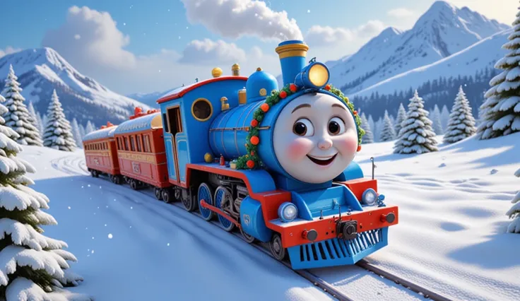 A wide aerial Pixar-style Disney studio cartoon shot of a fully blue Christmas train with a cheerful human face pulling festive cars as it curves through an open snowy field in a Winter Wonderland. The train’s bright blue color stands out against the spark...