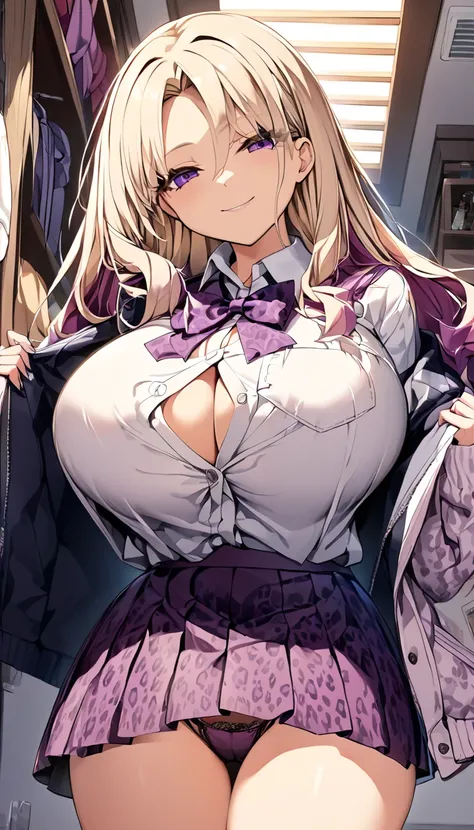  1 girl　 pretty girl 　 anime style　Anime Face　 anime style　Beauty　Big Breasts　 slender 　smile　 the jacket is a white cardigan　Black color pleated skirt　dark reddish purple leopard print with lace Tback　Very small panties　Very thin panties　Blonde hair　 stra...