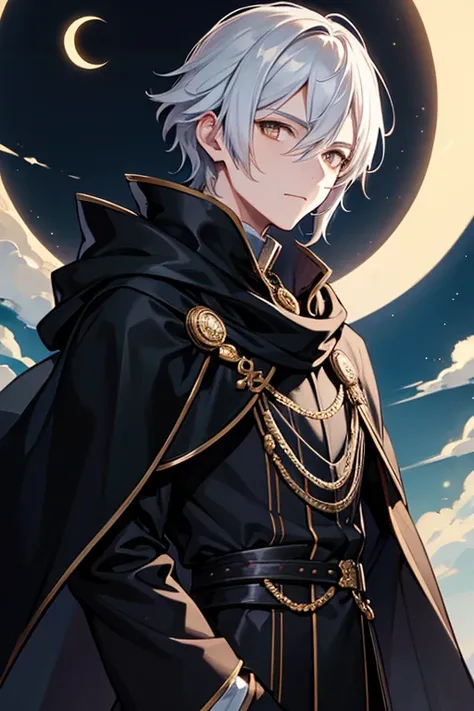 mature boy, silver mediun hair, gold eyes, black cloak, moon, sun