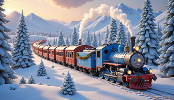 A wide aerial Pixar-style Disney studio cartoon shot of an entirely blue Christmas train with a cheerful human face on the front of the locomotive, winding through a magical Winter Wonderland. The locomotive and all its wagons are fully blue, decorated wit...