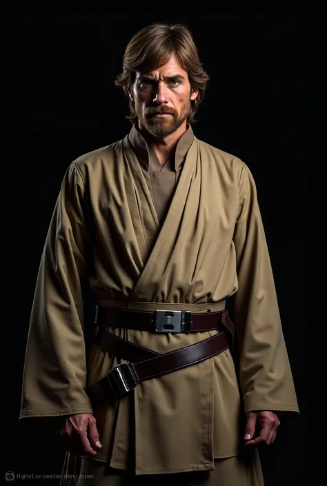 start wars character Luke Skywalker, high quality, 8K Ultra HD, 25 years old, half body, 100% looking straight ahead, with black background