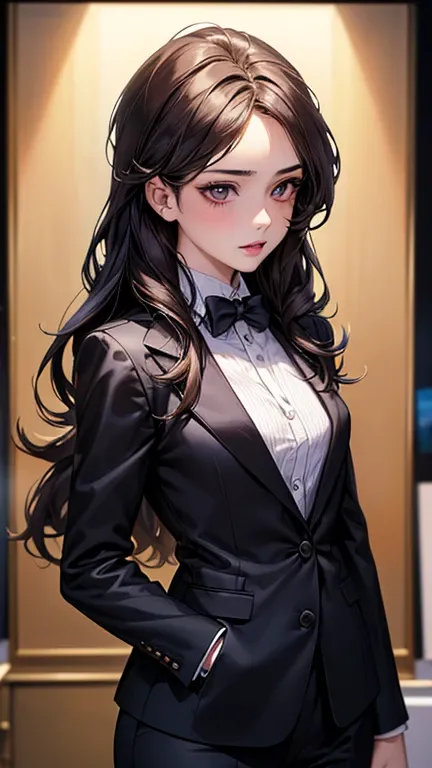 a cool anime 18 years old girl in formal suit, elegant suit, bossy vibes, smart girl, sharp eye, long wavy hair, beautiful detailed face, adorable girl, 3:4 body looks, perfect body ratio, front view, look at the camera, perfect background, (best quality,4...