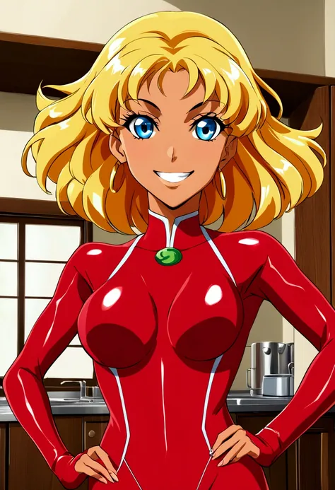 score_9, score_8_up, score_7_up, score_6_up, score_5_up, score_4_up, BREAK 1girl, clover (totally spies), blonde hair, short hair, blue eyes, (red bodysuit:1.2), belt, grin, looking at viewer, standing, upper body, indoors, pov 