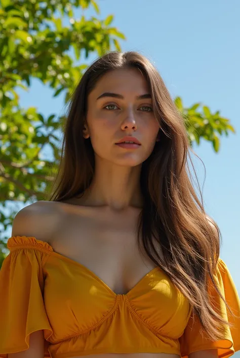 The central figure is a woman with long brunette hair and striking blue eyes, wearing a mustard yellow off-the-shoulder top that adds a pop of color to the scene, her expression is meditative and her gaze is fixed on the viewer. The background is a tree wi...