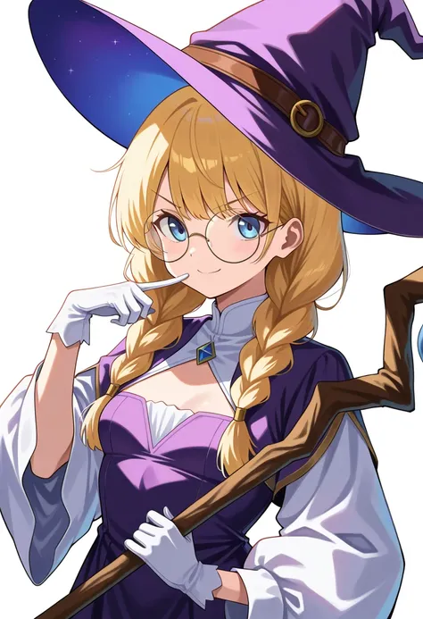 1girl, blonde hair, blue eyes, long hair, braid, breasts, hair over shoulder, small breasts, twin braids, v-shaped eyebrows, hat, glasses, witch hat, gloves, round eyewear, wide sleeves, robe, long sleeves, dress, puffy long sleeves, puffy sleeves, purple ...