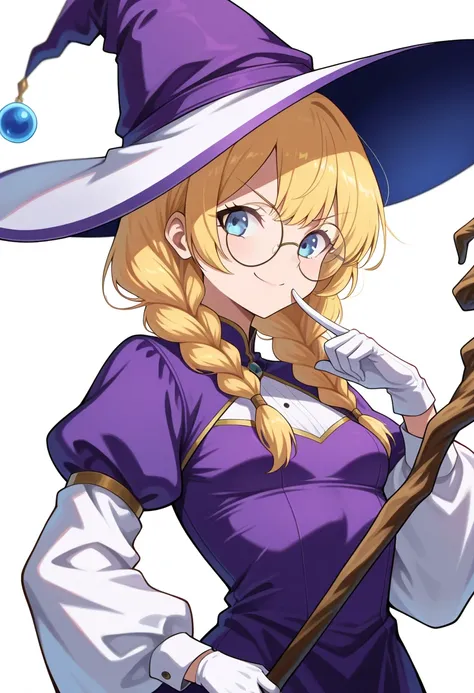 1girl, blonde hair, blue eyes, long hair, braid, breasts, hair over shoulder, small breasts, twin braids, v-shaped eyebrows, hat, glasses, witch hat, gloves, round eyewear, wide sleeves, robe, long sleeves, dress, puffy long sleeves, puffy sleeves, purple ...