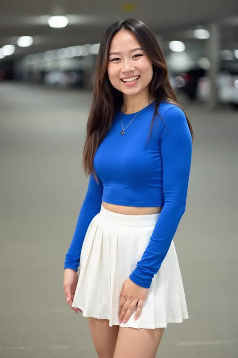 Wasian girl, Xiang. The image is a photograph of a young Asian woman standing in an indoor parking garage. She has long, straight, dark brown hair and is of petite build with a slender physique. Her skin tone is light, and she has a bright, friendly smile....