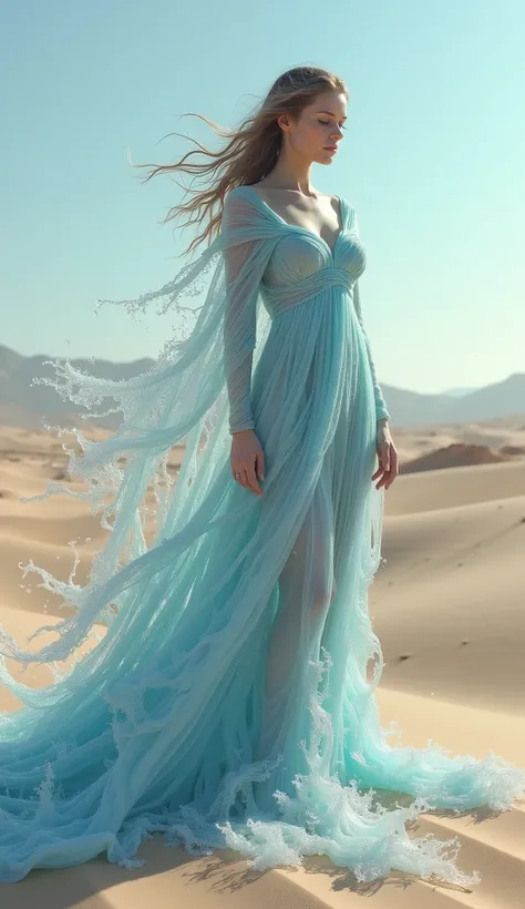 The photo shows a woman, an ethereal figure in a flowing dress made of water, standing in a desert, her form not mirroring but defying her arid surroundings