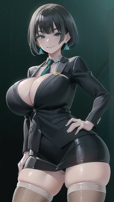 sfw, (Matte texture),  1 secretary to support the viewer, whole mind , presumed,  mischievous smile , ( Black hair), (short bob), earring, ( green eyes), rangy, (sensual body), ( sturdy build :1.1), ( gigantic breasts ), (thick thigh), (huge hip), ( busine...