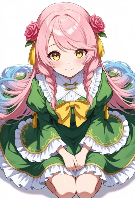 1girl, hair flower, long hair, braid, yellow eyes, blush, blue hair, swept bangs, pink hair, twin braids, dress, hair ornament, long sleeves, wide sleeves, frills, green dress, frilled dress, puffy sleeves, tassel, looking at viewer, sitting, own hands tog...