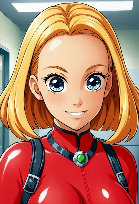 score_9, score_8_up, score_7_up, score_6_up, score_5_up, score_4_up, BREAK 1girl, clover (totally spies), blonde hair, short hair, blue eyes, (red bodysuit:1.2), belt, grin, looking at viewer, standing, upper body, indoors, pov 